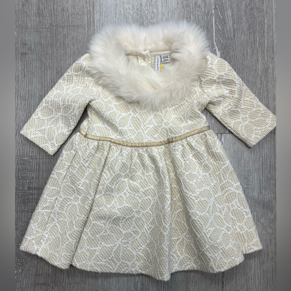 Janie and Jack Cream Jacquard Dress with Faux Fur Trim girls 12-18m